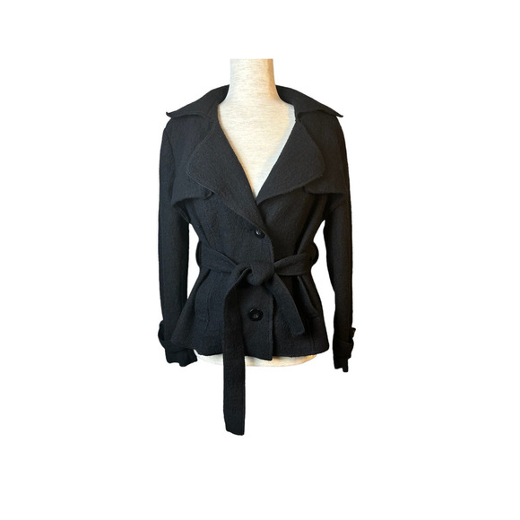 Sandro Luxury Classic Black 100% Wool Peacoat Jacket Belted Size Medium READ - Picture 1 of 11